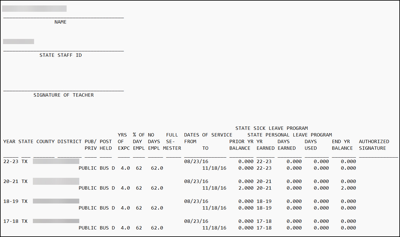 Teacher Service Record